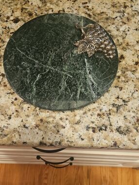 Green Marble Round Cheese Board with Decorative Grape Accent